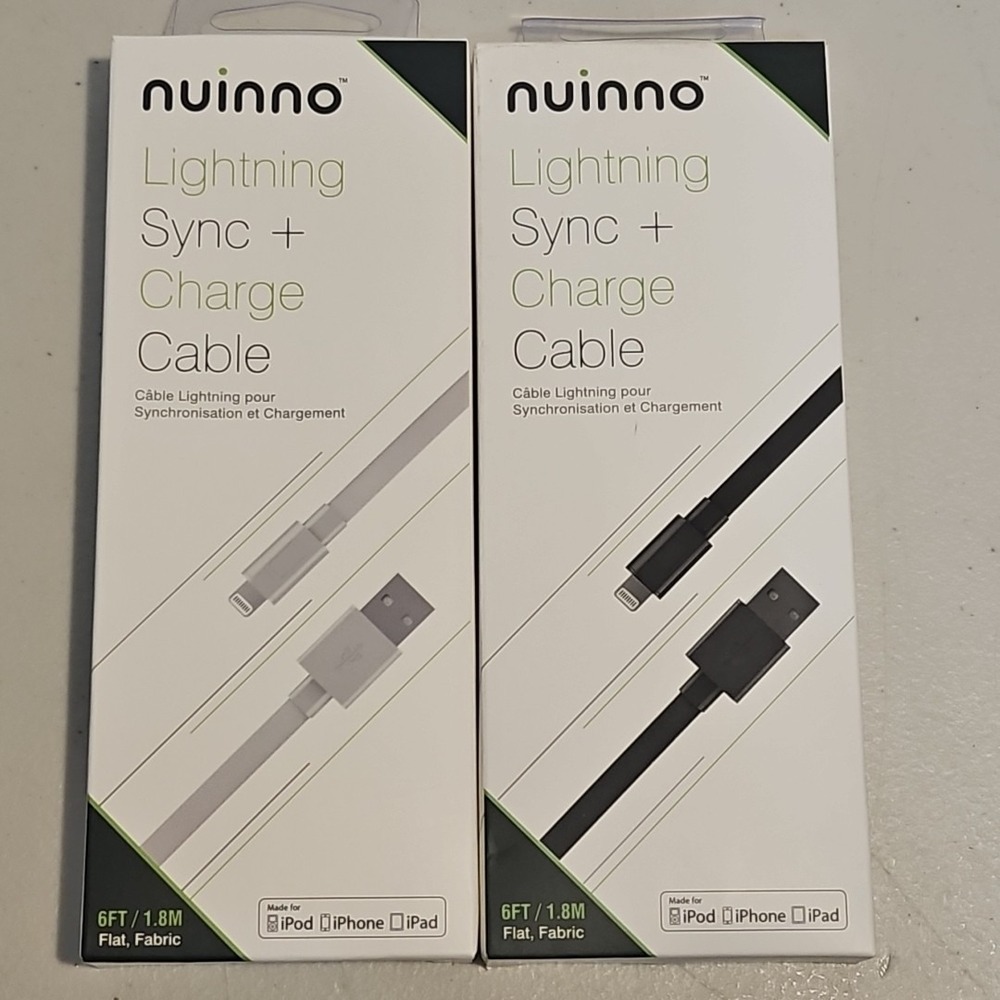 2 Pack Nuinno Lightning Charge and Synch 6ft cable iPod iPhone iPad Black/White